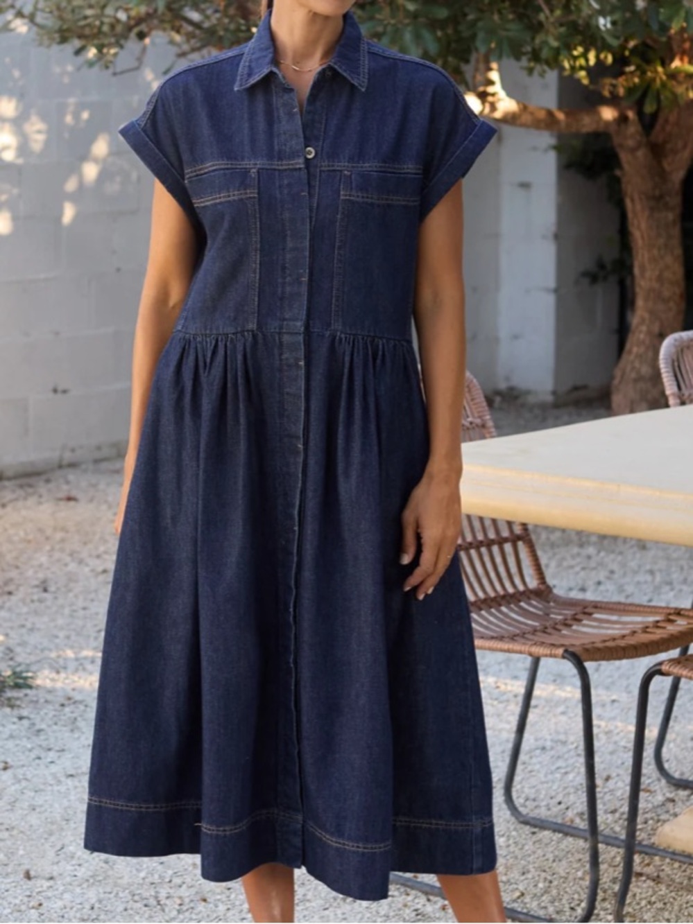 Classic Indigo Denim Midi Shirt Dress - Short Sleeve